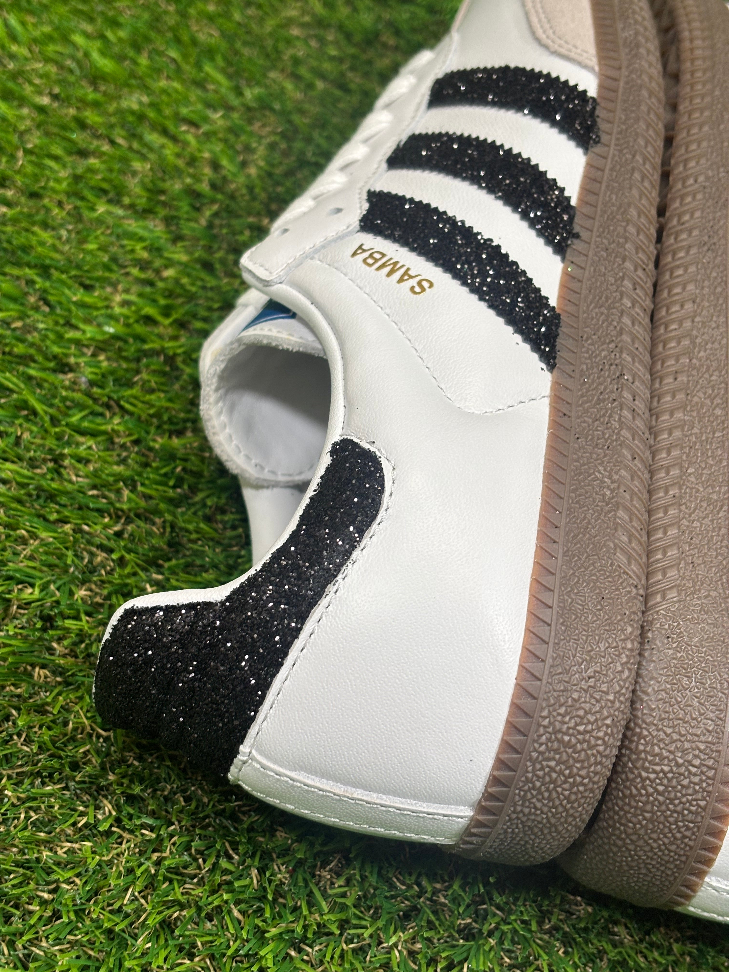 Black glitter Adidas samba OG sneakers. Sparkly bling sneakers