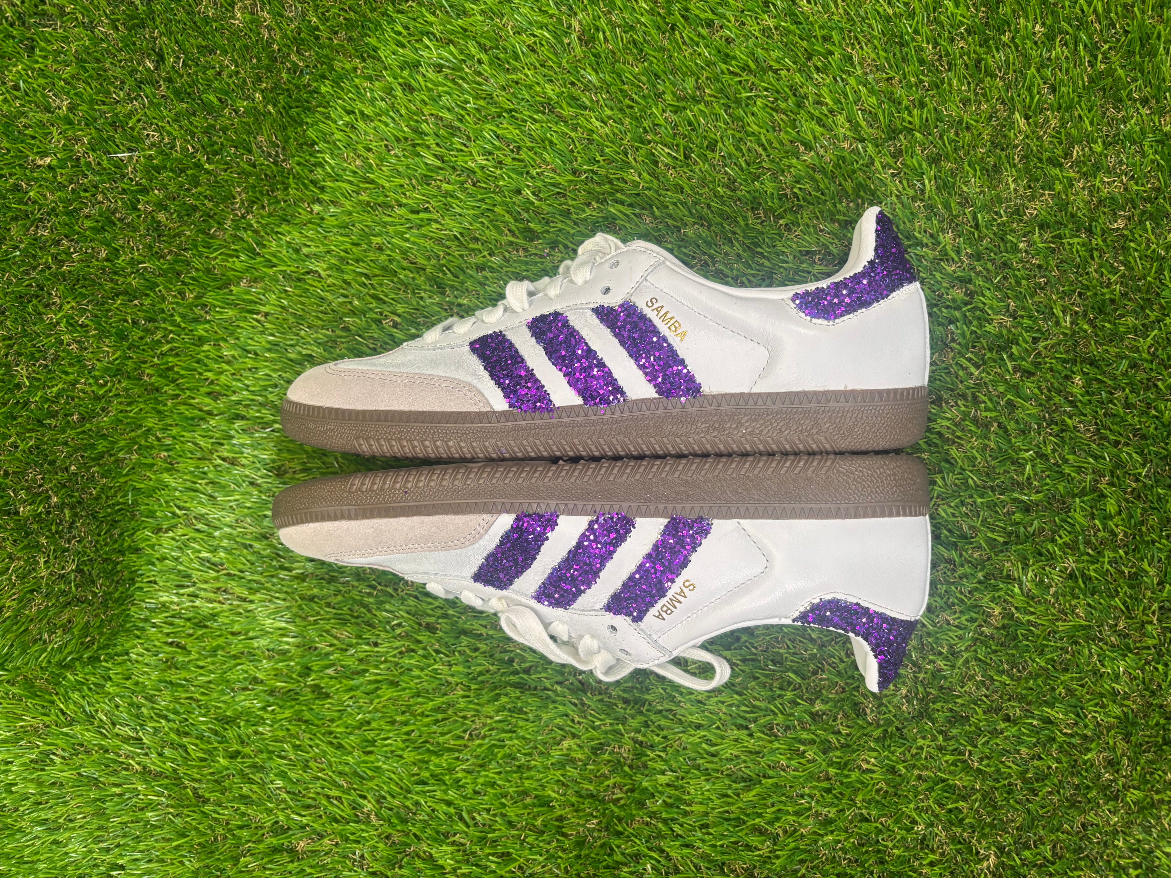 Purple glitter Adidas samba OG sneakers. Sparkly bling sneakers royal purple.
