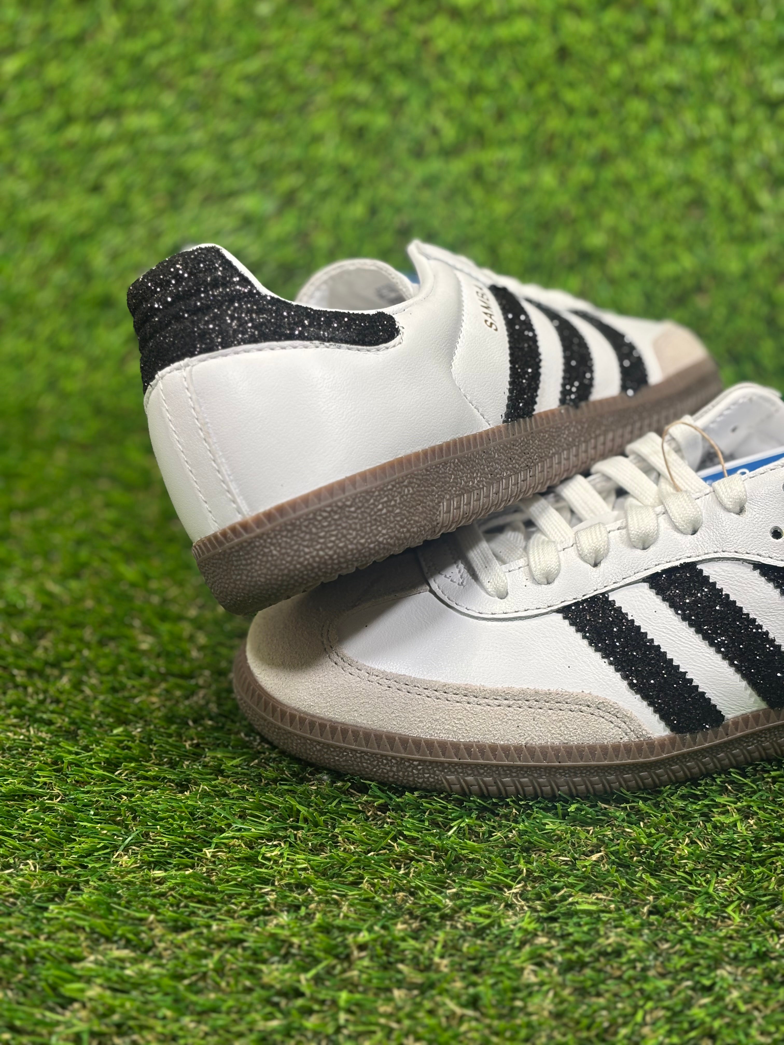 Black glitter Adidas samba OG sneakers. Sparkly bling sneakers