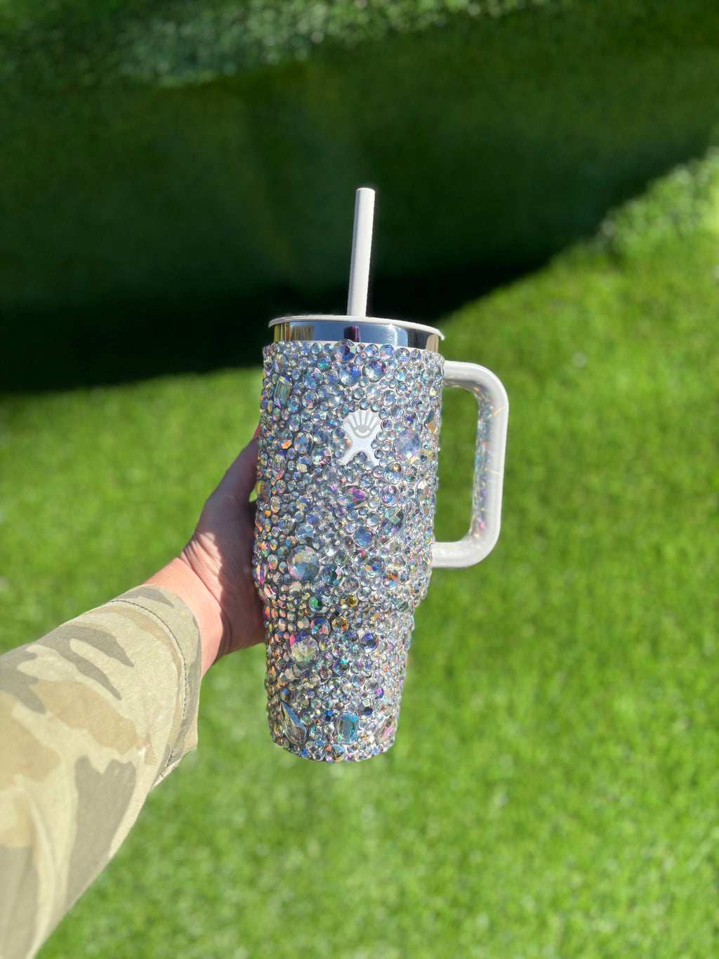 Rhinestone hydro flask tumbler. All around travel straw tumbler, clear crystal cup, 40oz