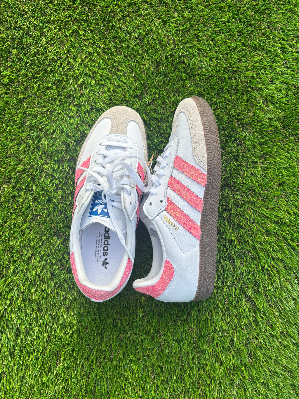 Light pink glitter Adidas Samba OG sneakers. Sparkly pink shoes