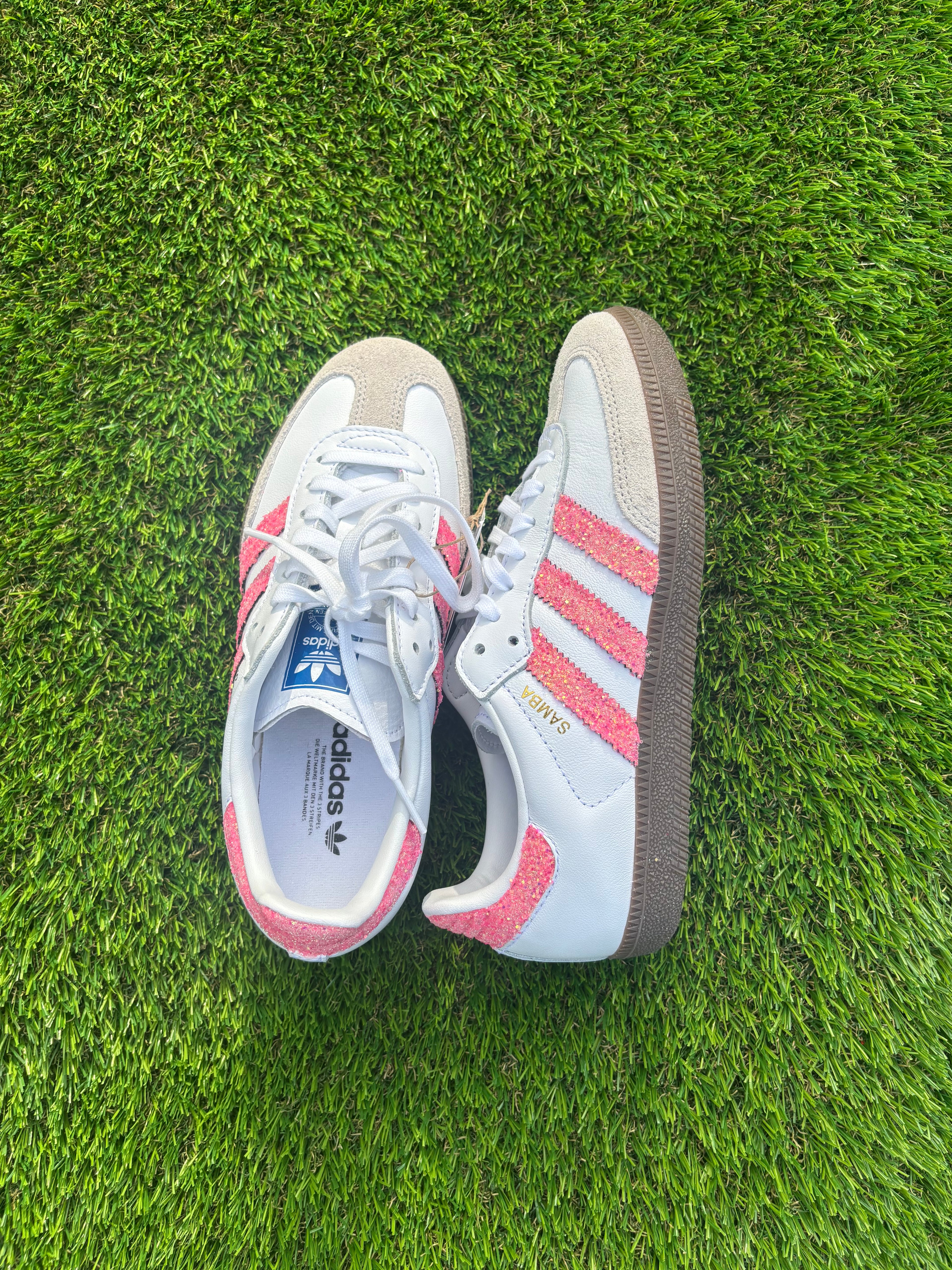 Light pink glitter Adidas Samba OG sneakers. Sparkly pink shoes