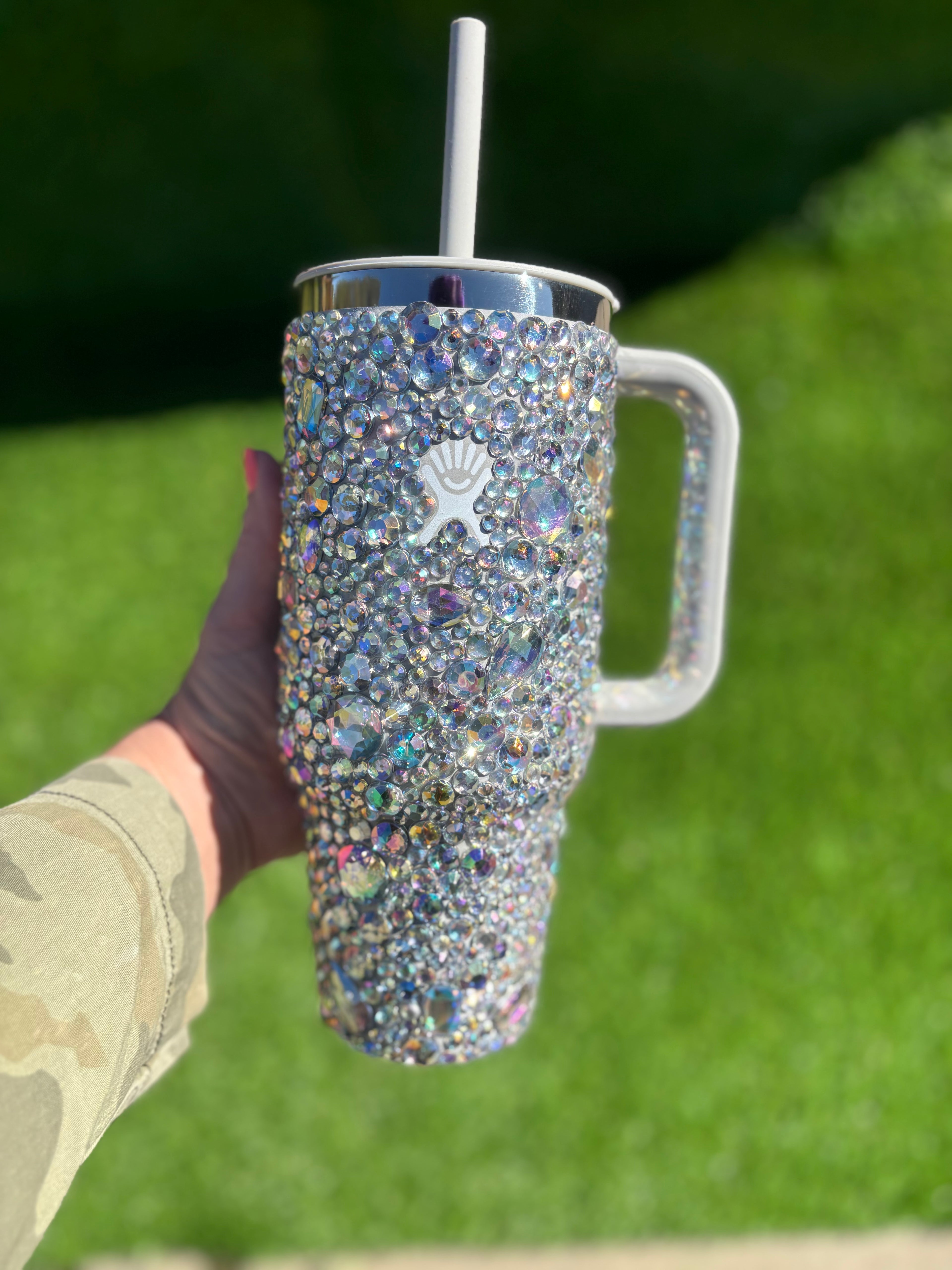 Rhinestone hydro flask tumbler. All around travel straw tumbler, clear crystal cup, 40oz