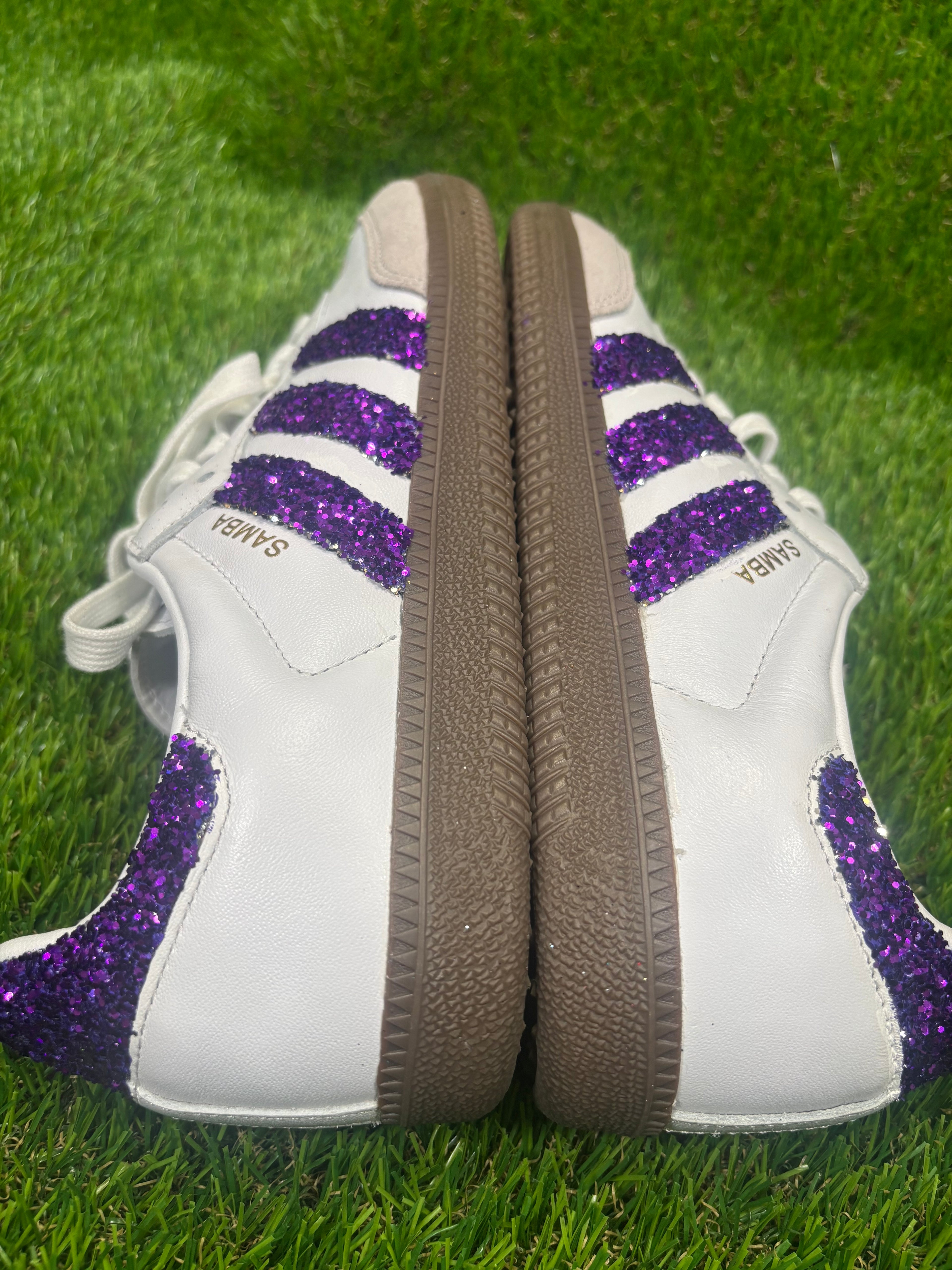 Purple glitter Adidas samba OG sneakers. Sparkly bling sneakers royal purple.