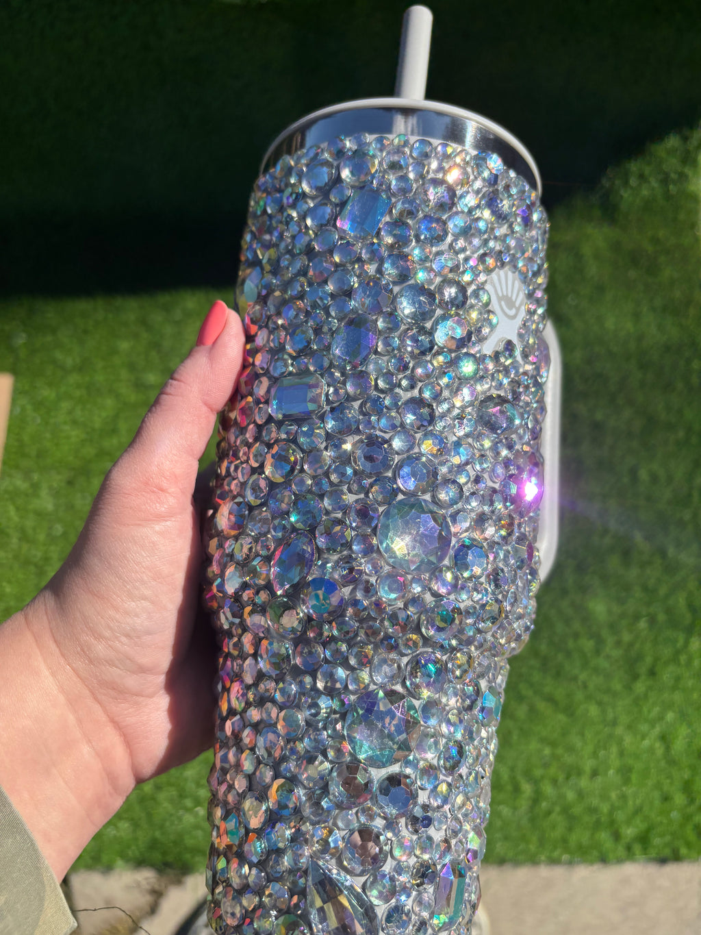 Rhinestone hydro flask tumbler. All around travel straw tumbler, clear crystal cup, 40oz