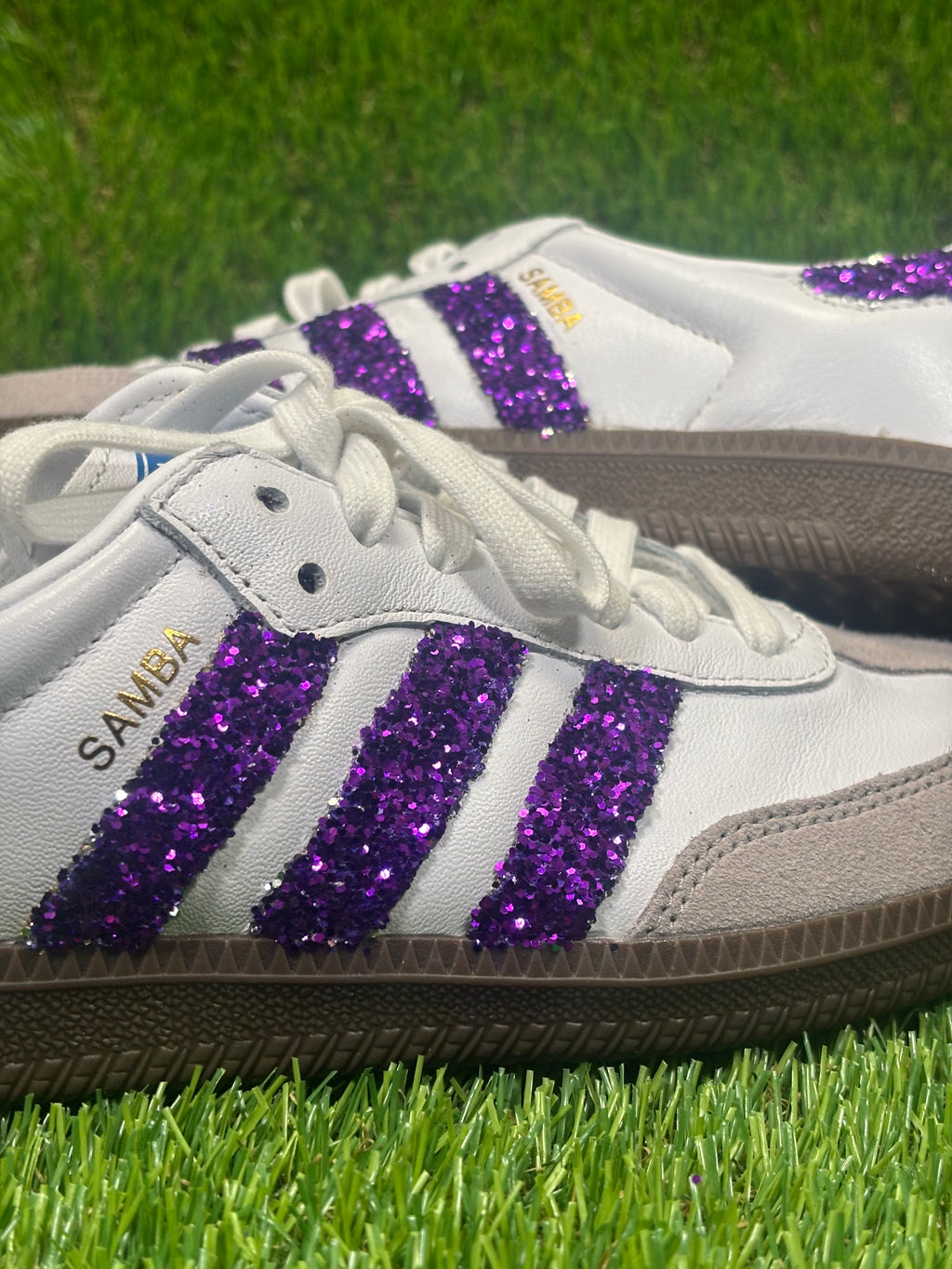 Purple glitter Adidas samba OG sneakers. Sparkly bling sneakers royal purple.