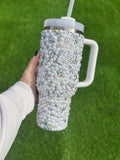 Personalized Stanley with white pearl and crystals. 40oz