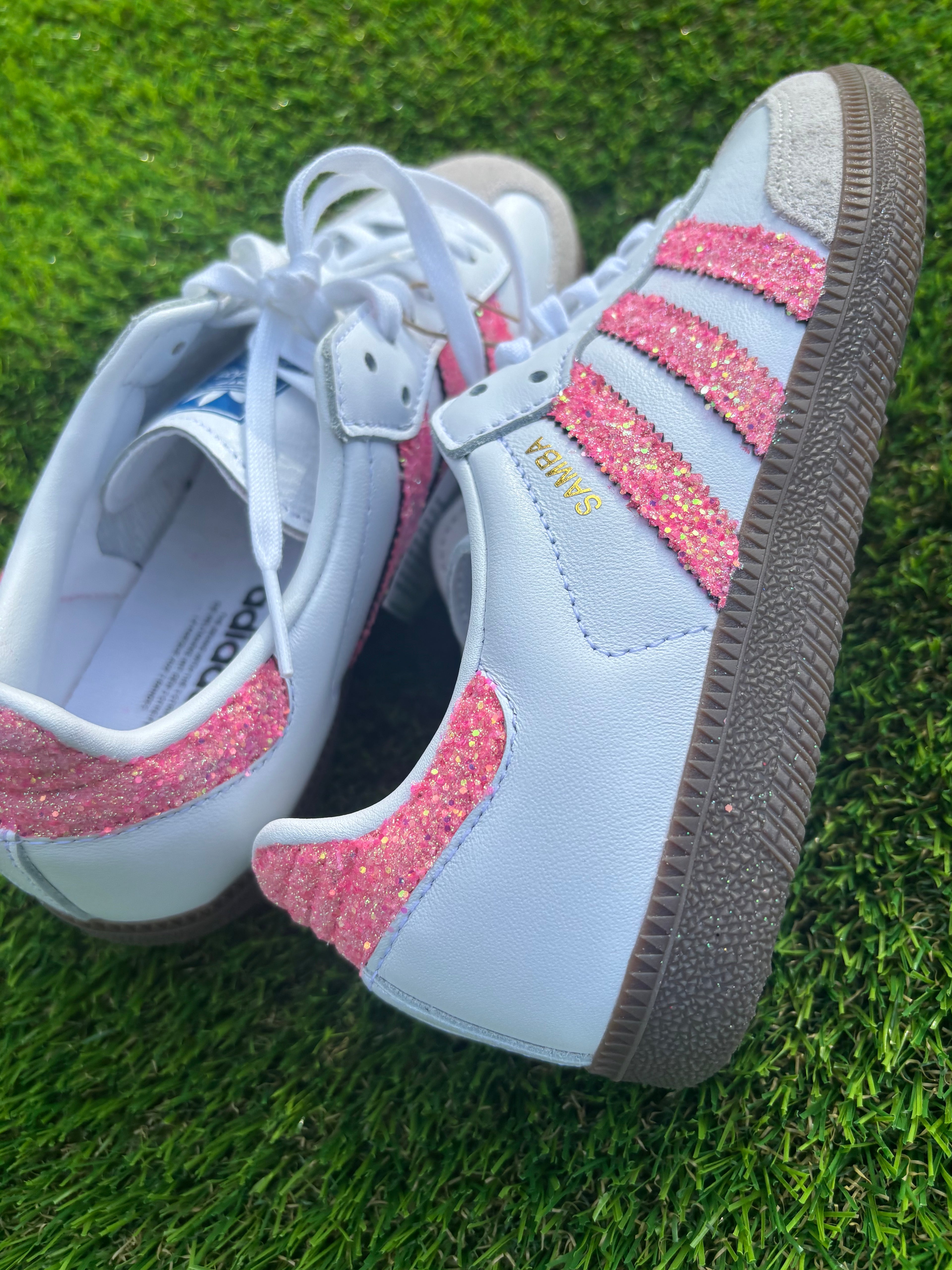 Light pink glitter Adidas Samba OG sneakers. Sparkly pink shoes