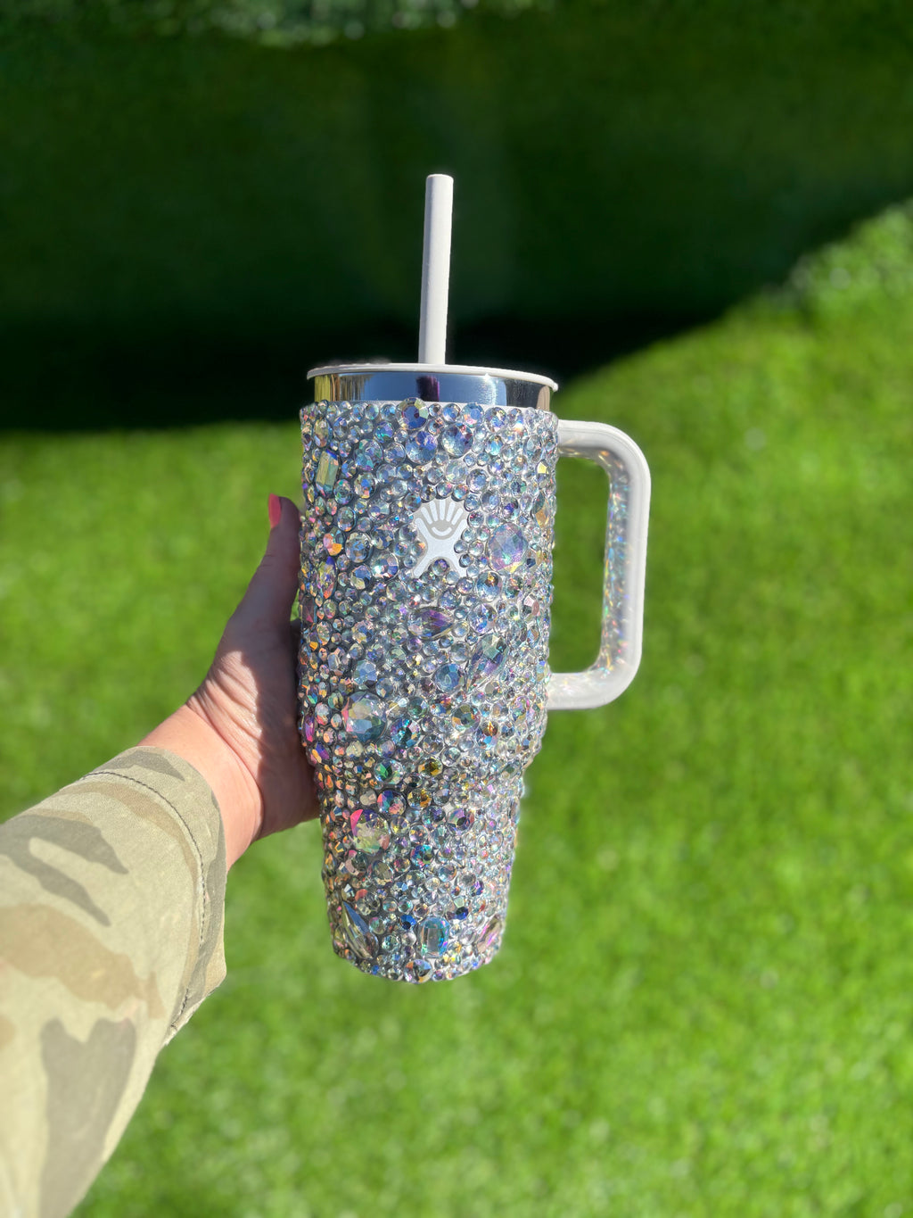 Rhinestone hydro flask tumbler. All around travel straw tumbler, clear crystal cup, 40oz
