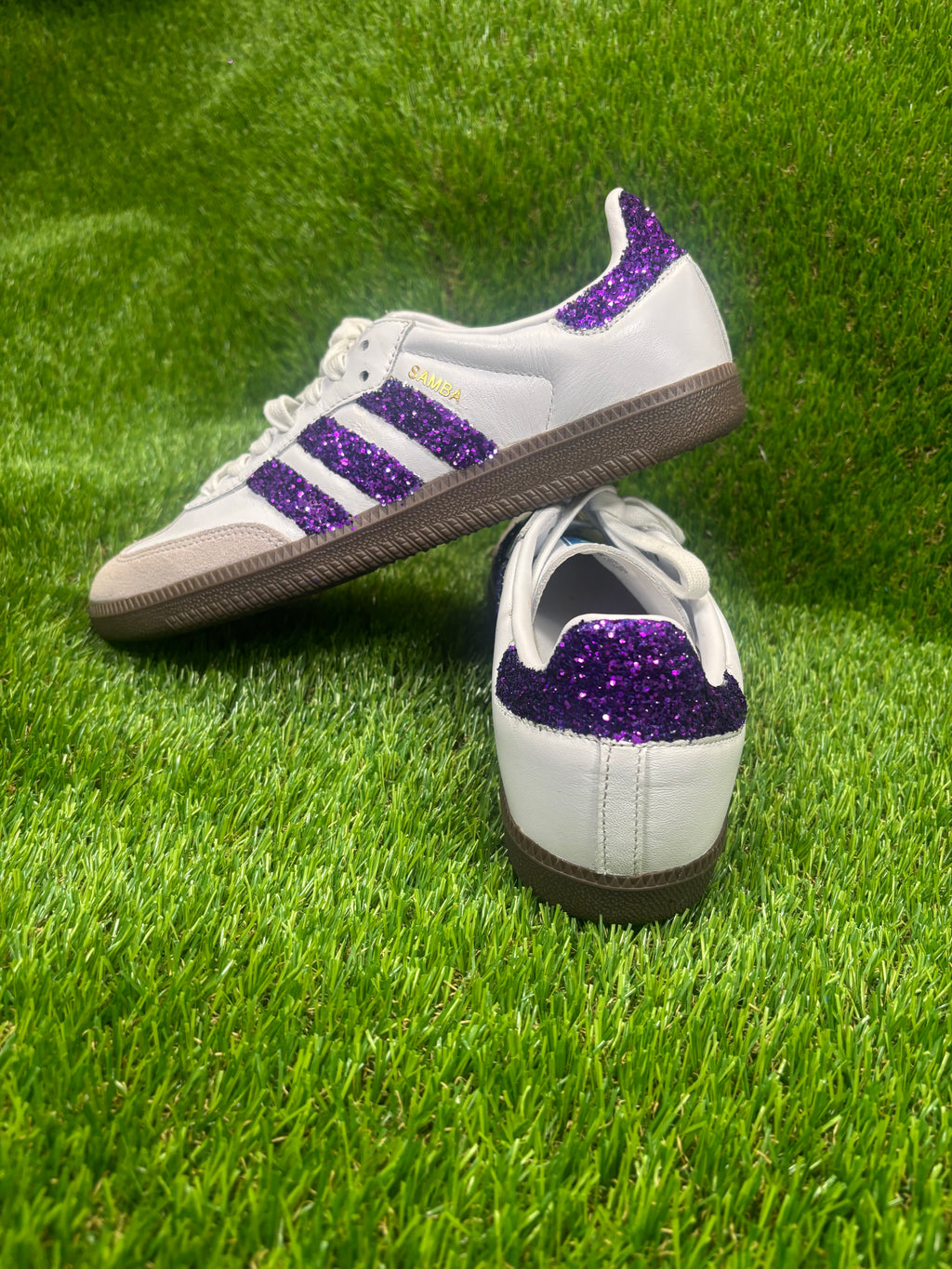 Purple glitter Adidas samba OG sneakers. Sparkly bling sneakers royal purple.