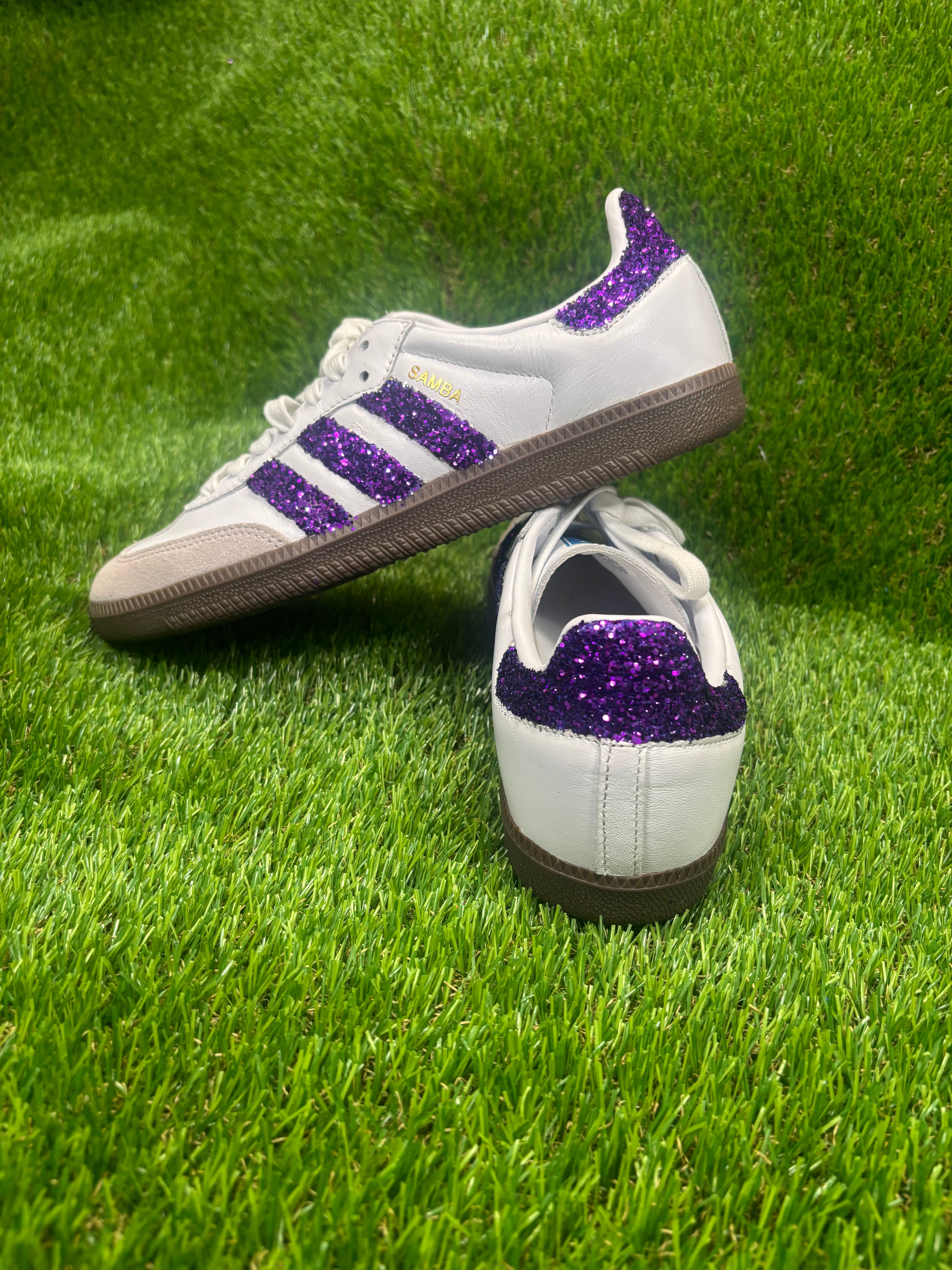 Purple glitter Adidas samba OG sneakers. Sparkly bling sneakers royal purple.