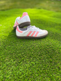 Light pink glitter Adidas Samba OG sneakers. Sparkly pink shoes