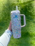 RhinestoneStanley with clear crystals and teal blue logo. 30oz