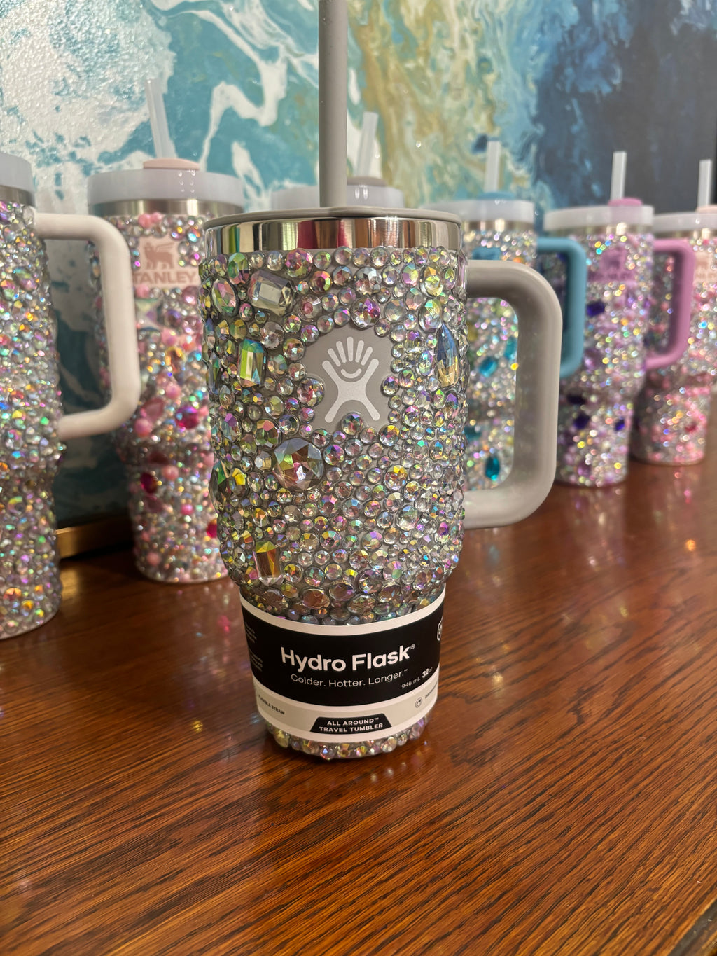 Rhinestone hydro flask tumbler. All around travel straw tumbler, clear crystal cup, 40oz