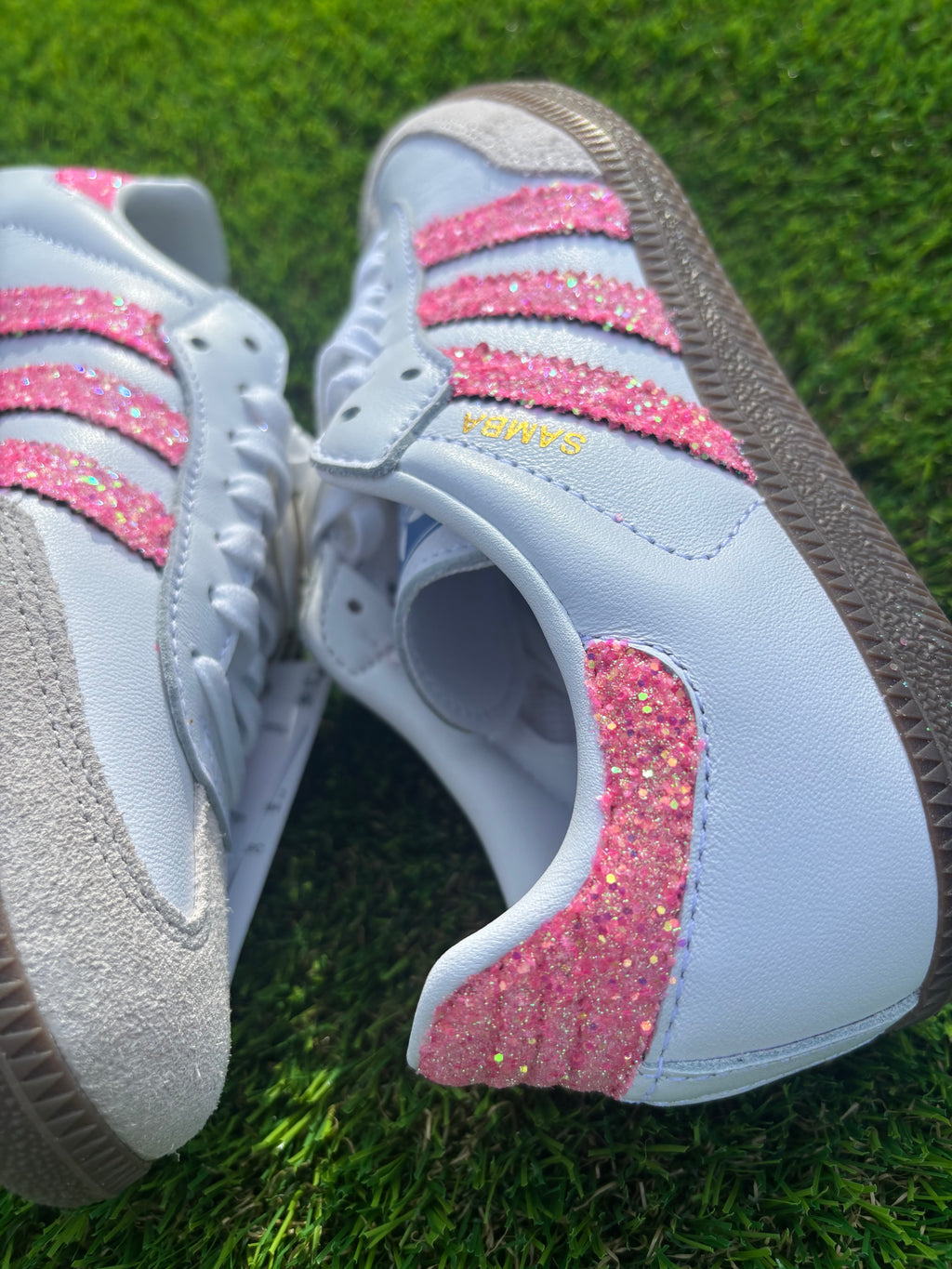 Light pink glitter Adidas Samba OG sneakers. Sparkly pink shoes