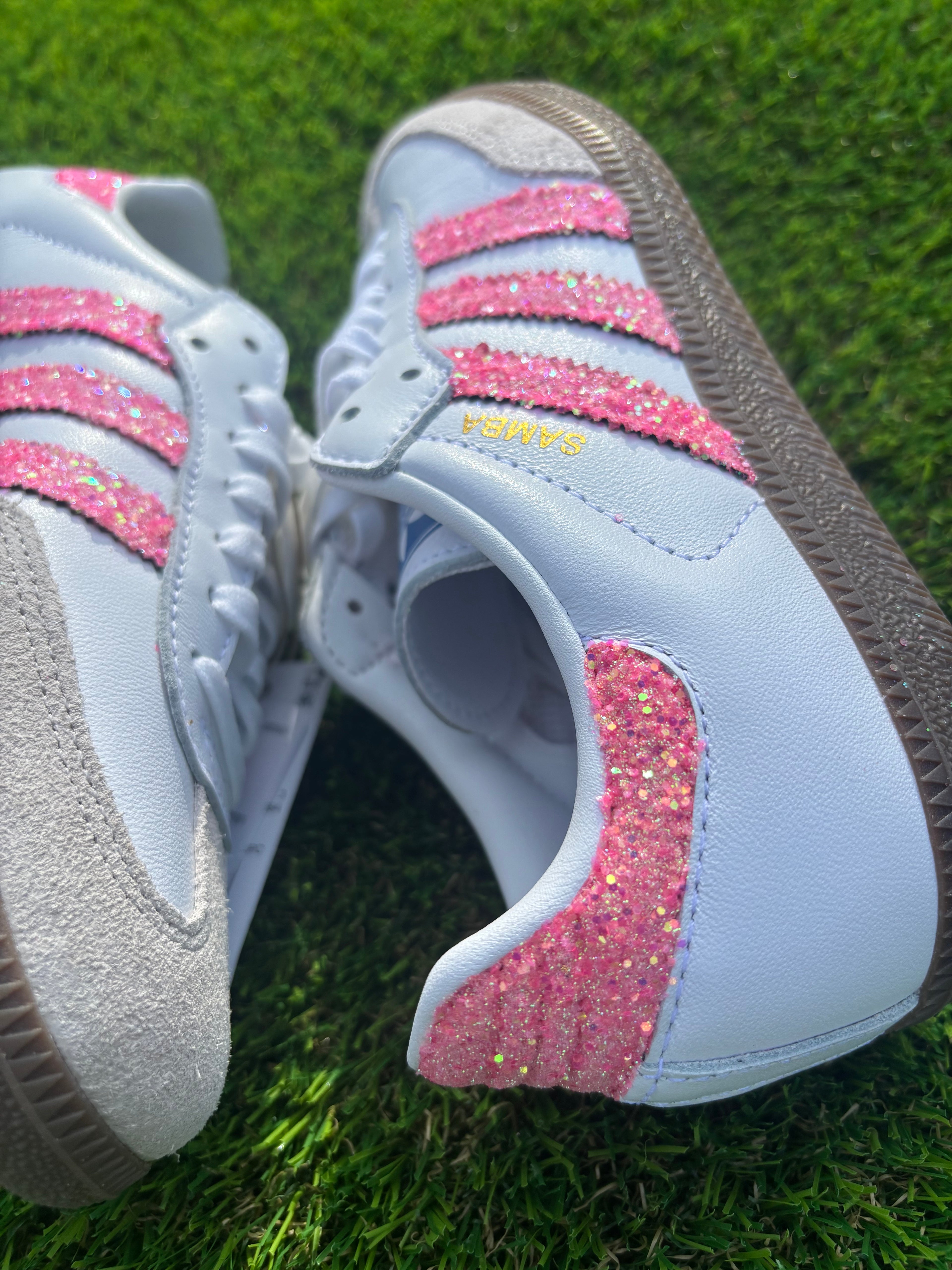 Light pink glitter Adidas Samba OG sneakers. Sparkly pink shoes