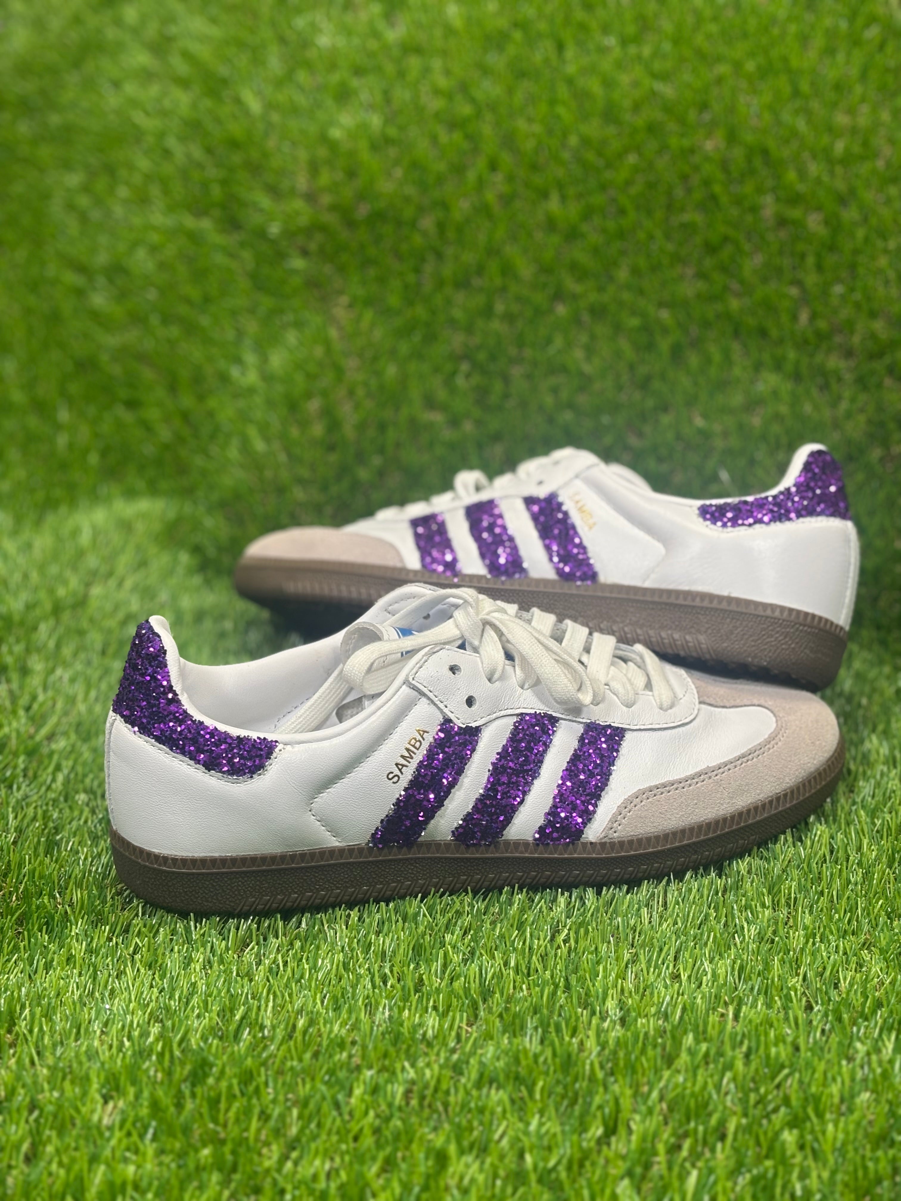 Purple glitter Adidas samba OG sneakers. Sparkly bling sneakers royal purple.