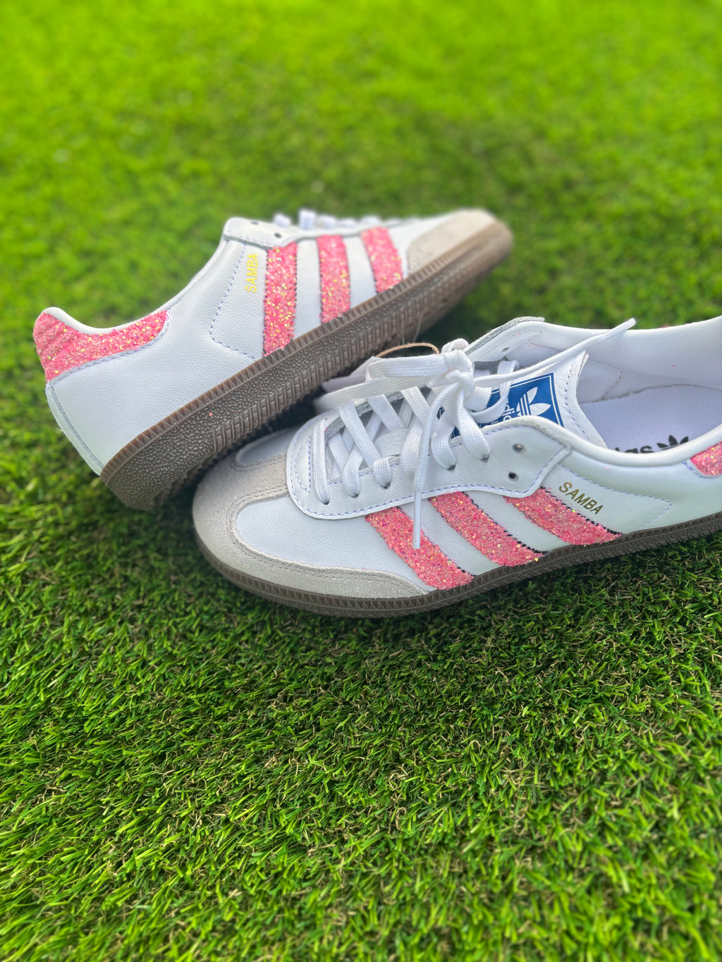 Light pink glitter Adidas Samba OG sneakers. Sparkly pink shoes
