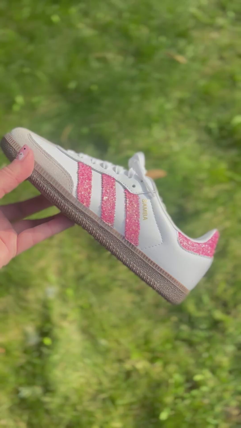 Light pink glitter Adidas Samba OG sneakers. Sparkly pink shoes
