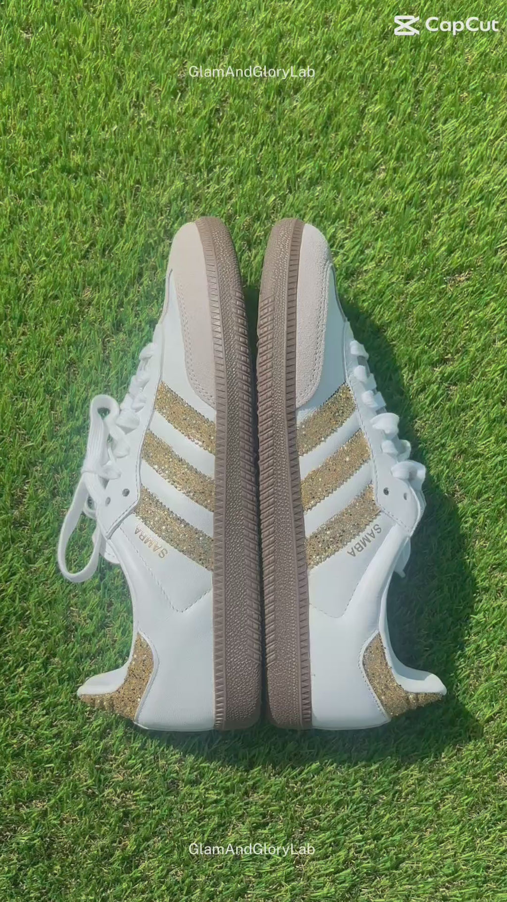Gold glitter Adidas samba OG sneakers.